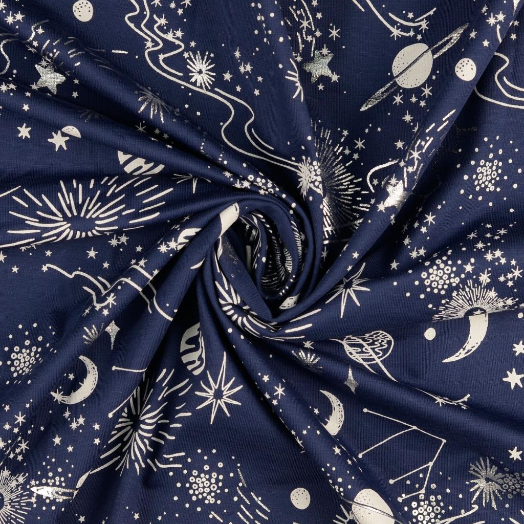 Blauer Baumwolljersey  mit glitzerndem Sternenhimmel