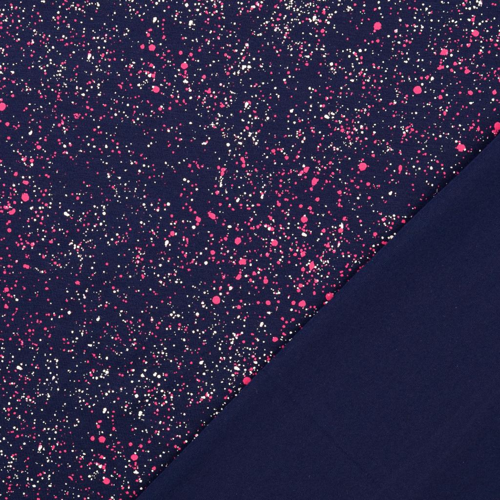 Blauer Baumwolljersey mit Sprenkeln in weiss und pink