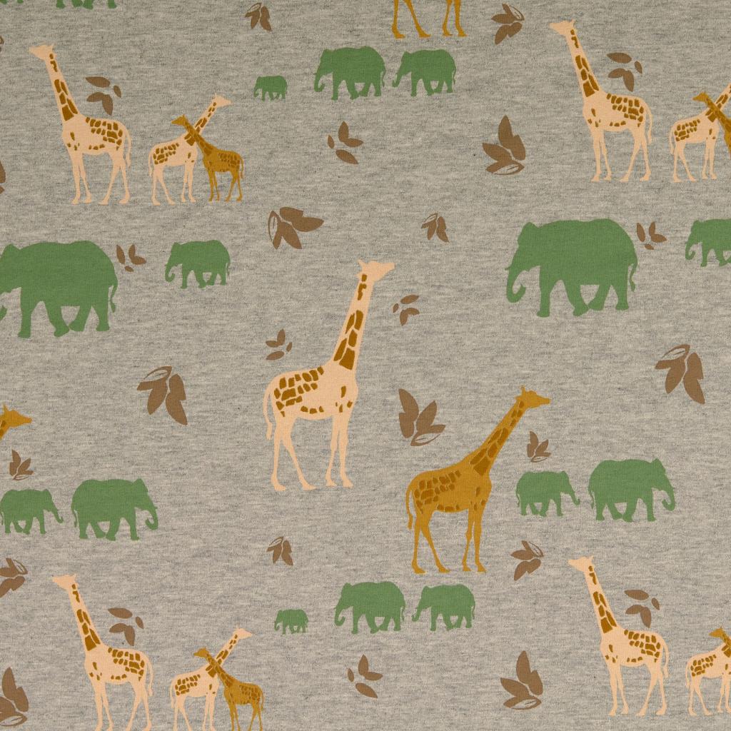 French Terry Savanne mit Elefanten und Giraffen in ocker French Terry Savanne mit Elefanten und Giraffen in ocker