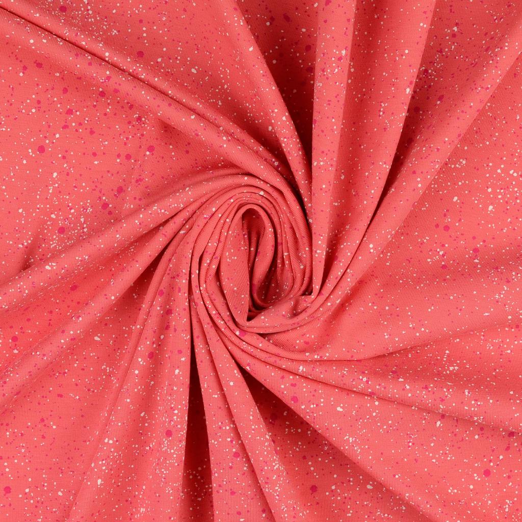 Baumwolljersey in koralle mit Sprenkeln in weiss und pink