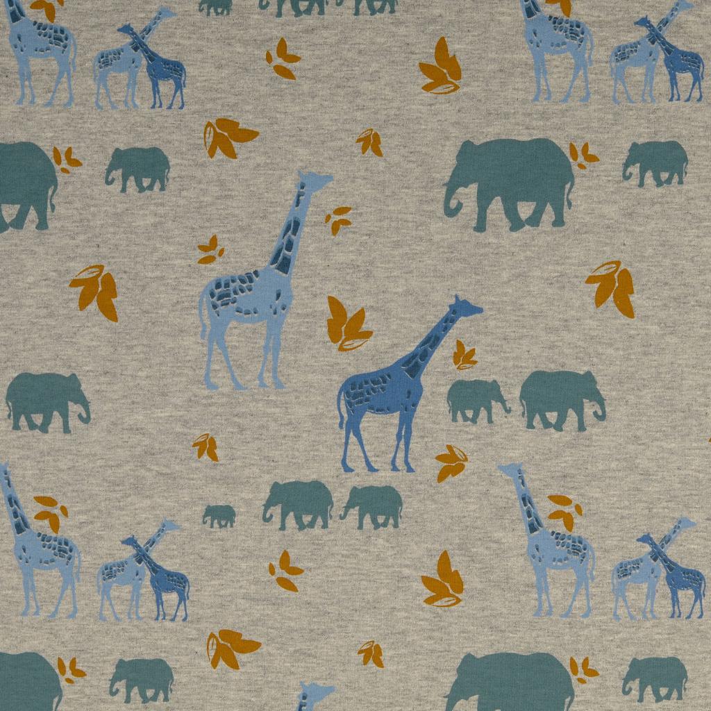 French Terry Savanne mit Elefanten und Giraffen