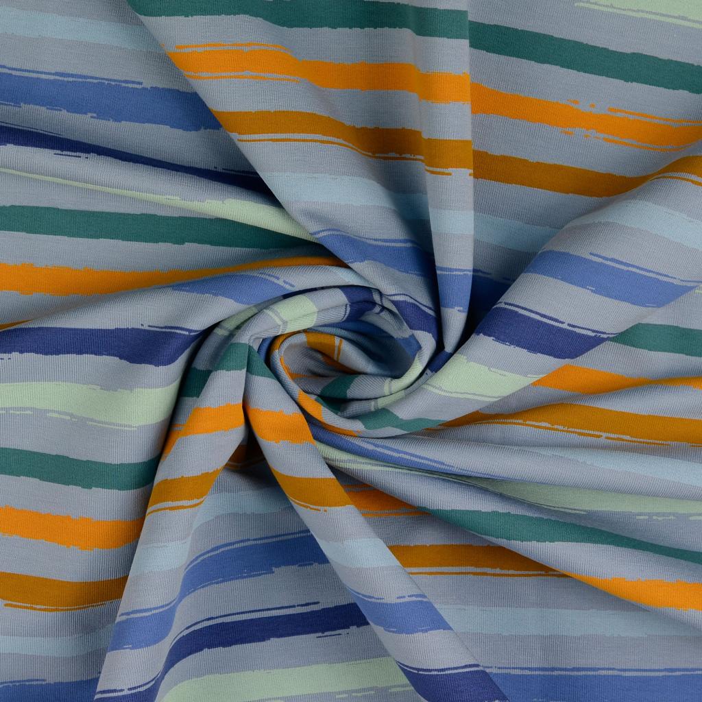 French Terry in blau mit bunten Streifen