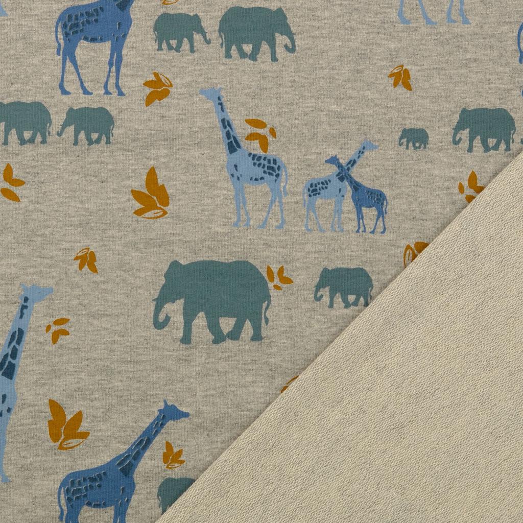 French Terry Savanne mit Elefanten und Giraffen