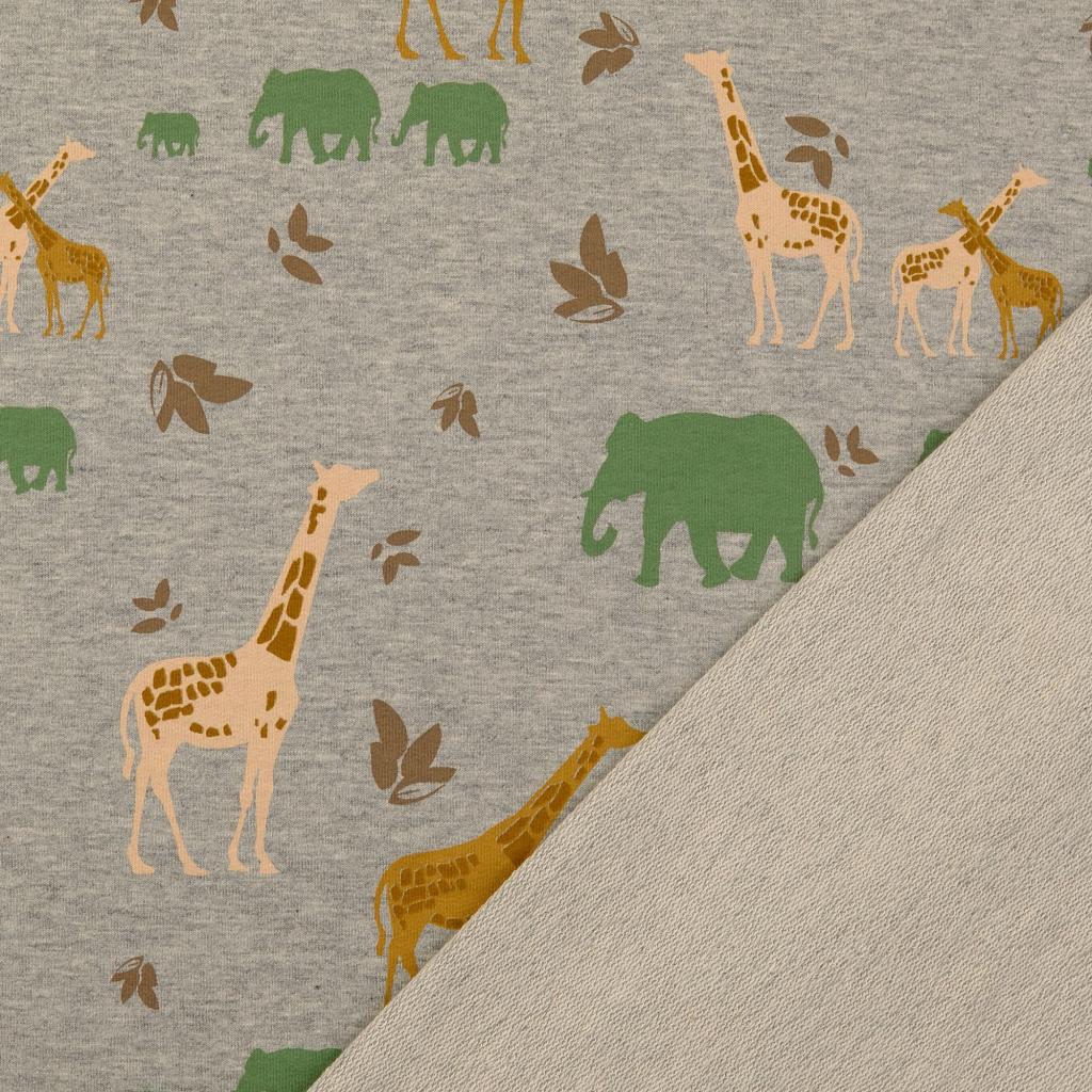 French Terry Savanne mit Elefanten und Giraffen in ocker