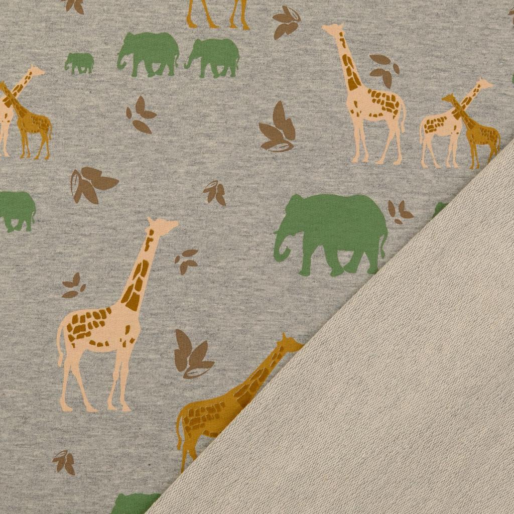 French Terry Savanne mit Elefanten und Giraffen in ocker French Terry Savanne mit Elefanten und Giraffen in ocker