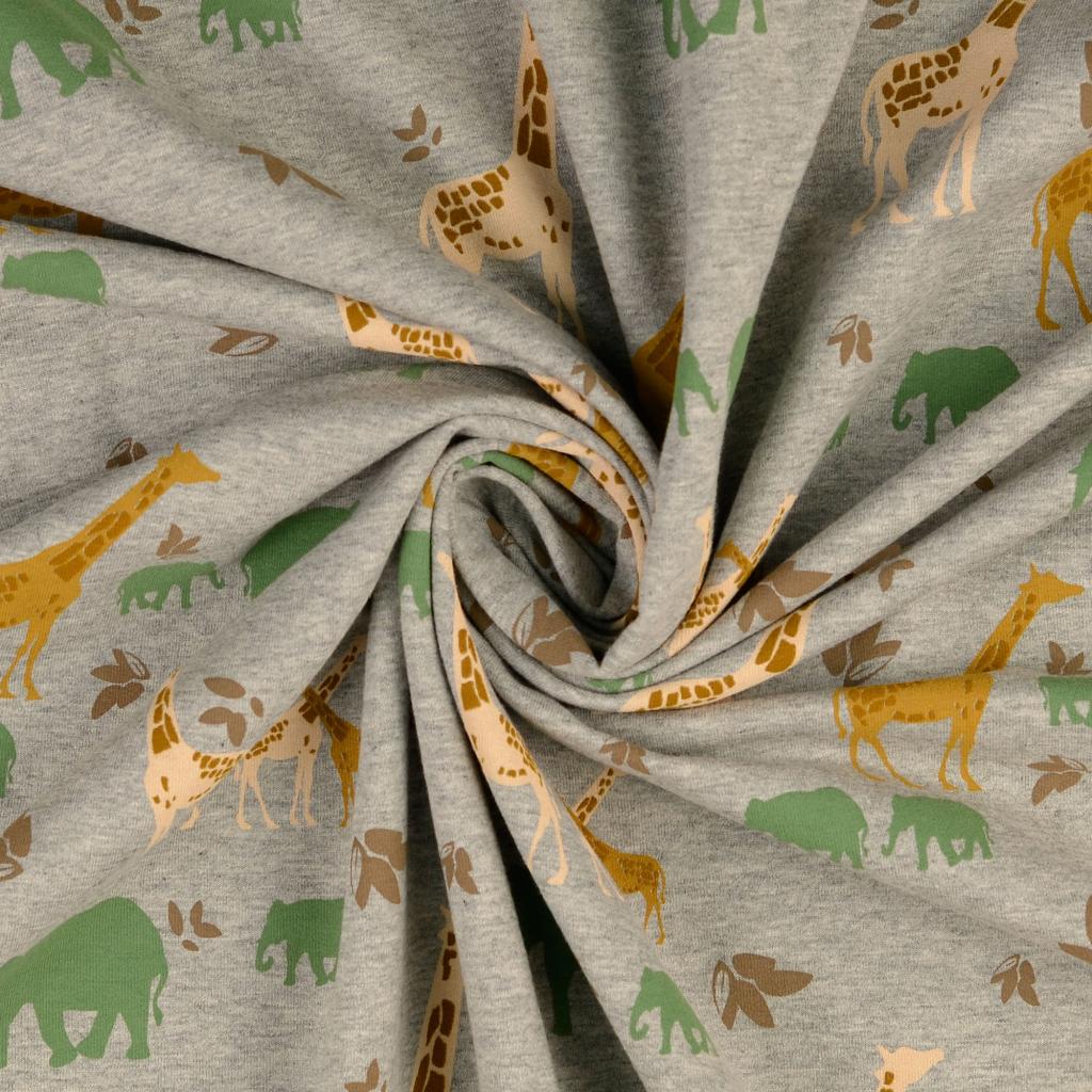 French Terry Savanne mit Elefanten und Giraffen in ocker French Terry Savanne mit Elefanten und Giraffen in ocker